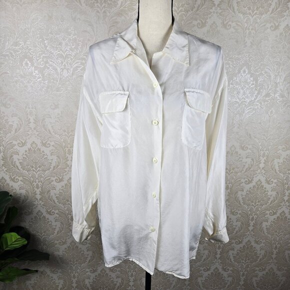 SilkLand Size Large Cream Button Up Shirt Double Chest Pockets Long Sleeve - Picture 1 of 10
